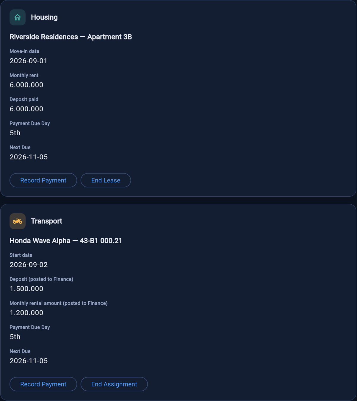 A fictional client's housing and transport in RecruitHub: an apartment lease with move-in date, rent, deposit and next due date, and an assigned motorbike with its deposit and monthly rate