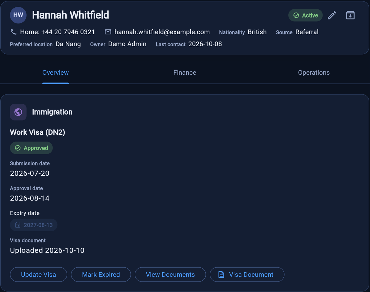 A fictional client's record in RecruitHub: contact details and an approved work visa with its submission, approval and expiry dates and an uploaded visa document